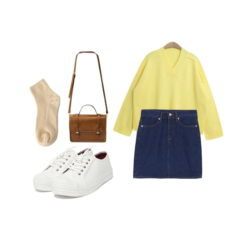 daily monday Mini simple denim skirt,DORA 모모스니커즈,TODAY ME [knit]머스케 브이넥 니트등을 매치한 코디