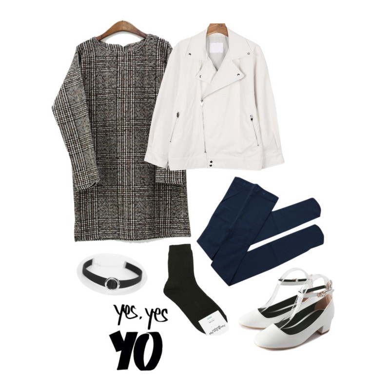 NEW NEED NOW 데일리 도톰 스타킹,daily monday Tomboy boxy rider jacket,CCUMI SISTER Check one-piece등을 매치한 코디