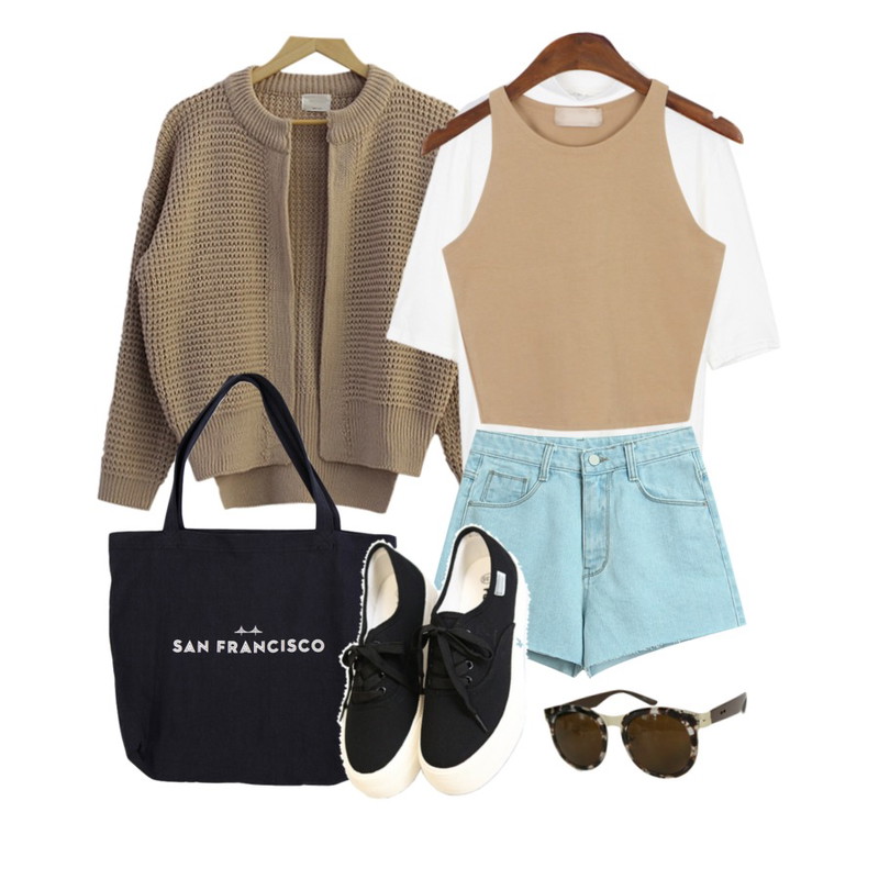 TODAY ME [short pants]딜리 데님 숏츠,CCUMI SISTER Waffle short cardigan,BANHALA 바비 티셔츠등을 매치한 코디