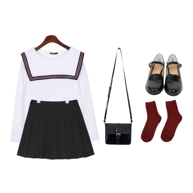 From Beginning Gloss enamel mary jane shoes_A  (size : 230,235,240,245,250),BANHALA 세일러 티셔츠,AIN girlish tennis skirt pants (5 colors)등을 매치한 코디