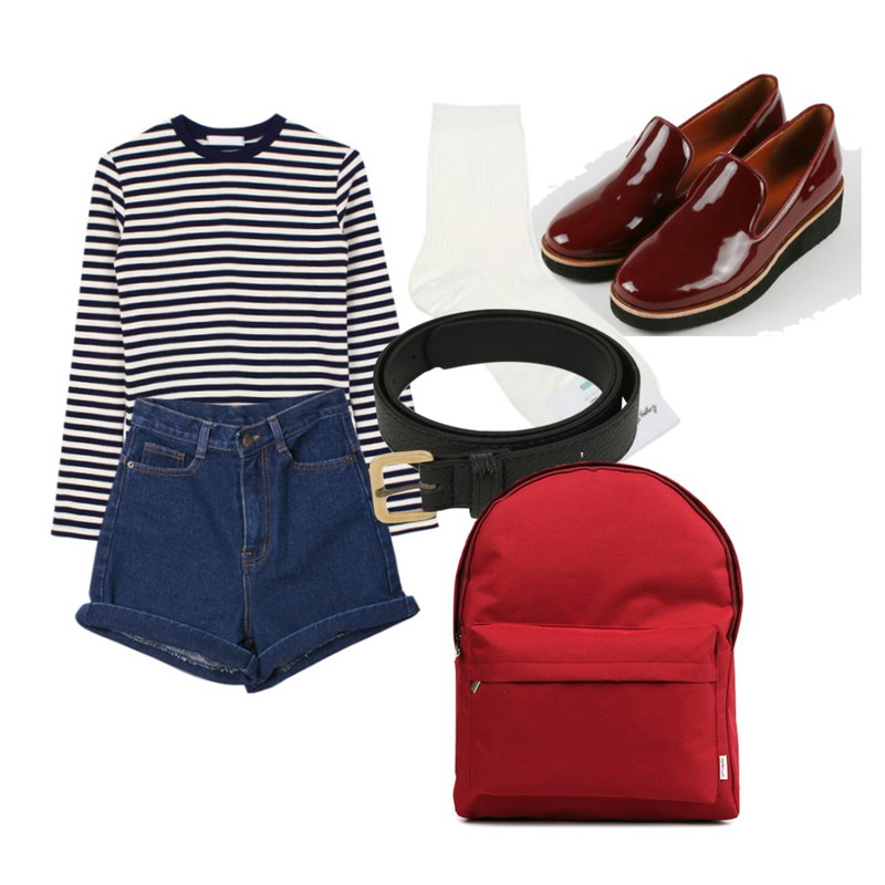 daily monday Manish enamel loafers,DORA 하이돌돌데님팬츠,biznshoe Cut out sleeve stripe top (2color)등을 매치한 코디