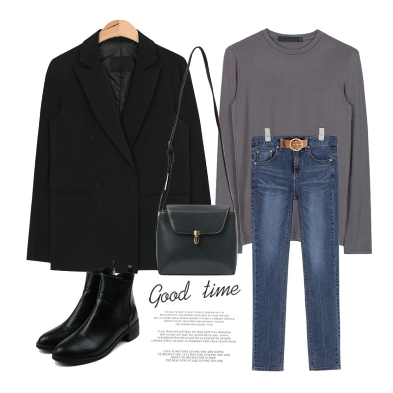 AIN howell straight double jacket (3 colors),AIN slim straight basic denim pants3월29-30일 입고예정,biznshoe Long sleeve color tee (4color)등을 매치한 코디