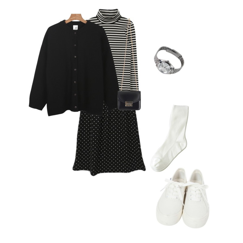 MIXXMIX ONLY MIX Stripe high neck,DORA 도트뷔스티에OPS,daily monday Natural loose fit cardigan등을 매치한 코디