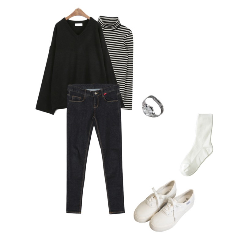 MIXXMIX ONLY MIX Stripe high neck,BANHALA 도찐개찐 팬츠,MINIBBONG 멜로딘-knt등을 매치한 코디