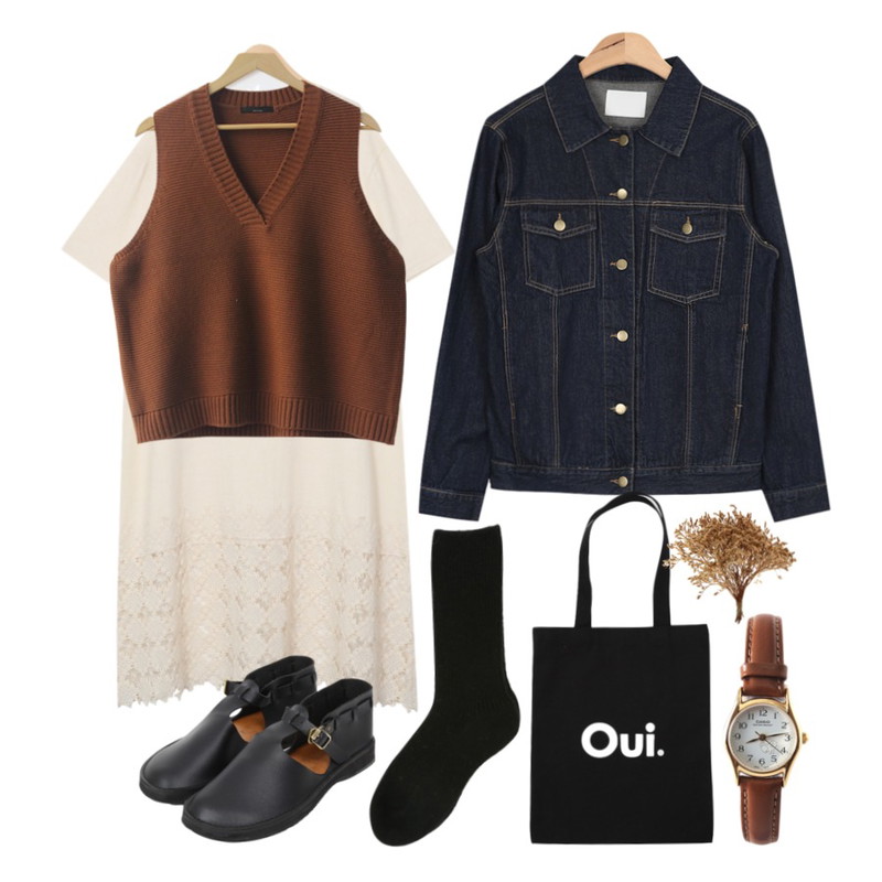 From Beginning Pure grid lace ops_A  (size : free),AIN point stitch denim jacket3월25-28일 입고예정,CCUMI SISTER Solid knit vest등을 매치한 코디