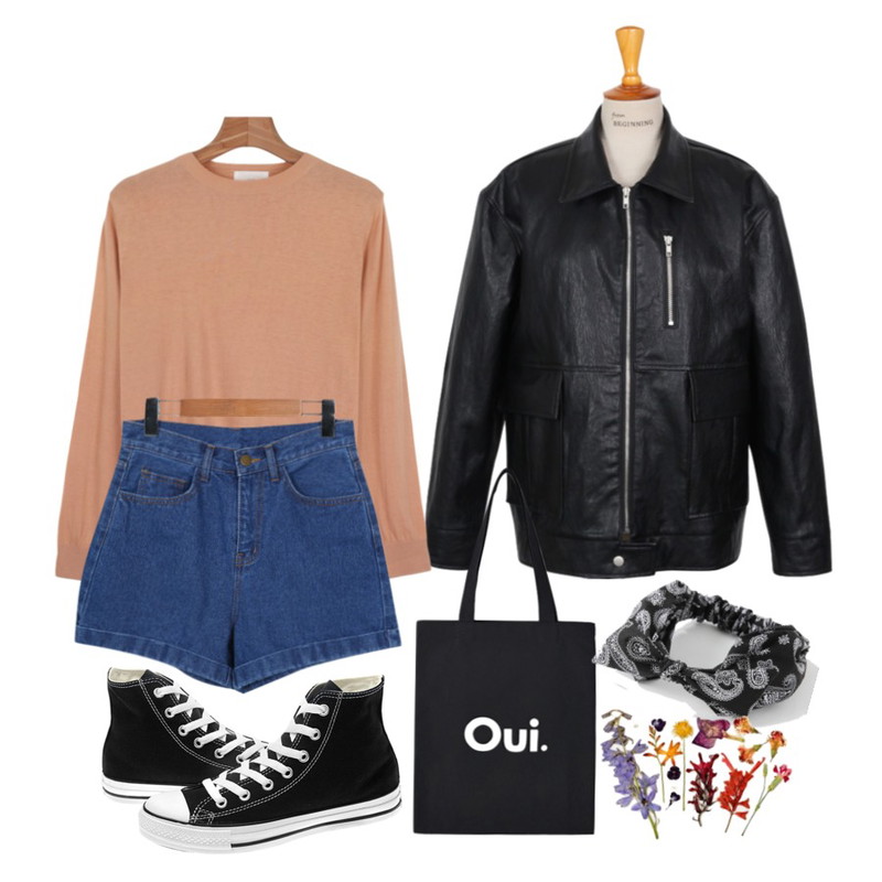 daily monday Light round knit 3/28 입고예정,From Beginning Roll-up high denim shorts_P (size : S,M,L),From Beginning Modern boy fit leather jacket_B (size : free)[블랙 28일 입고예정]등을 매치한 코디