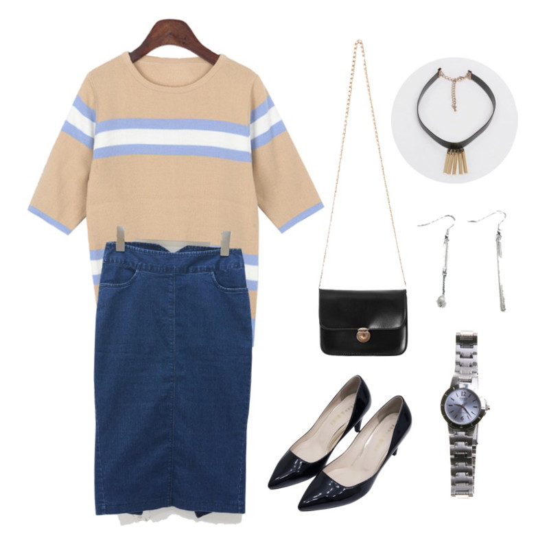 NEW NEED NOW 에나멜 펄 스틸레토힐(3color),CCUMI SISTER H-line skirt,BANHALA 썬데이 니트등을 매치한 코디