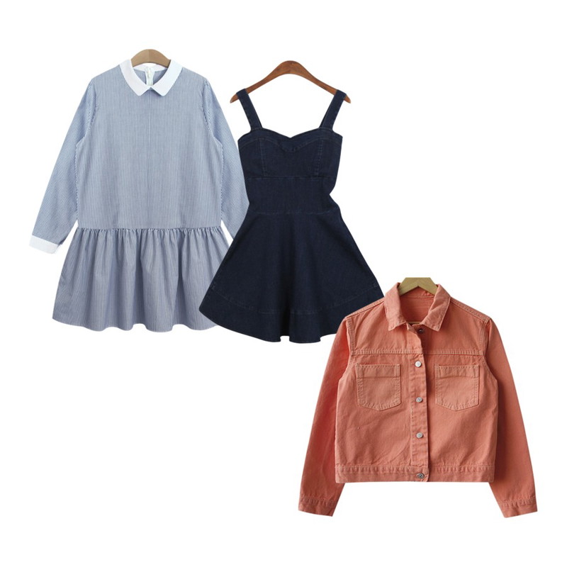 Dailyco 지퍼청원피스♥,CCUMI SISTER Color denim jacket,TODAY ME [dress]핀 스트라이프 원피스등을 매치한 코디