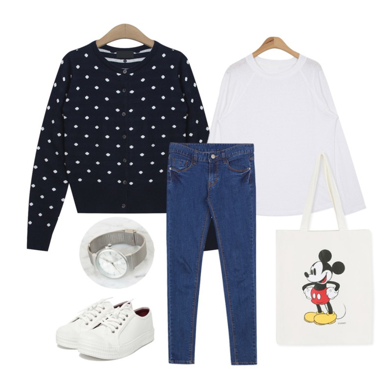 BANHALA 시원늘씬 팬츠,TODAY ME [cardigan]쿠우 도트 가디건,AIN raglan linen basic T (3 colors)등을 매치한 코디