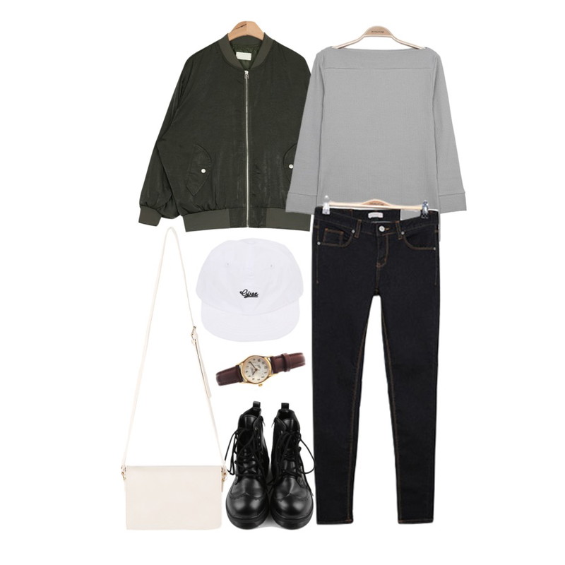 AIN shine frill flight jumper (2 colors),IM3 보트넥 7부 tee,IM3 everyday 데님 skinny등을 매치한 코디