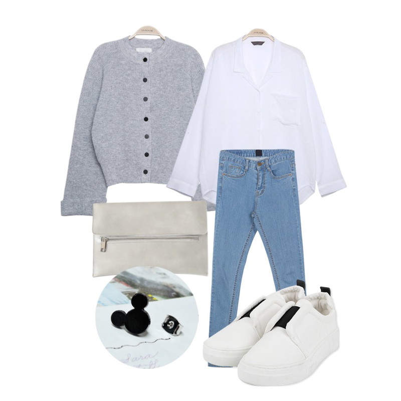 BANHALA 리얼하이웨스트 팬츠,IM3 보카시 mini cardigan,IM3 뉴트럴-bl등을 매치한 코디
