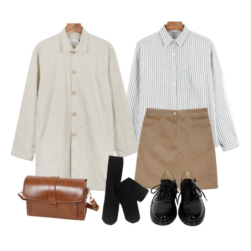 DORA 로제SK,daily monday Unbalance stripe shirts,daily monday Washing half single coat등을 매치한 코디