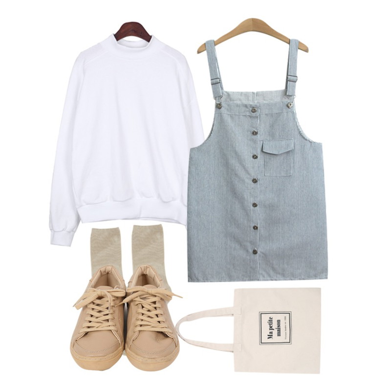 BANHALA 씽씽_맨투맨,BANHALA 메종_에코백,TODAY ME [dress]네이밍 원피스등을 매치한 코디
