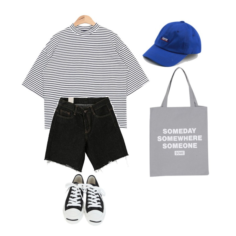 BULLANG GIRL 썸썸 에코백,DORA 생지롤업4부P,AIN half-neck stripe 1/2 T (2 colors)등을 매치한 코디