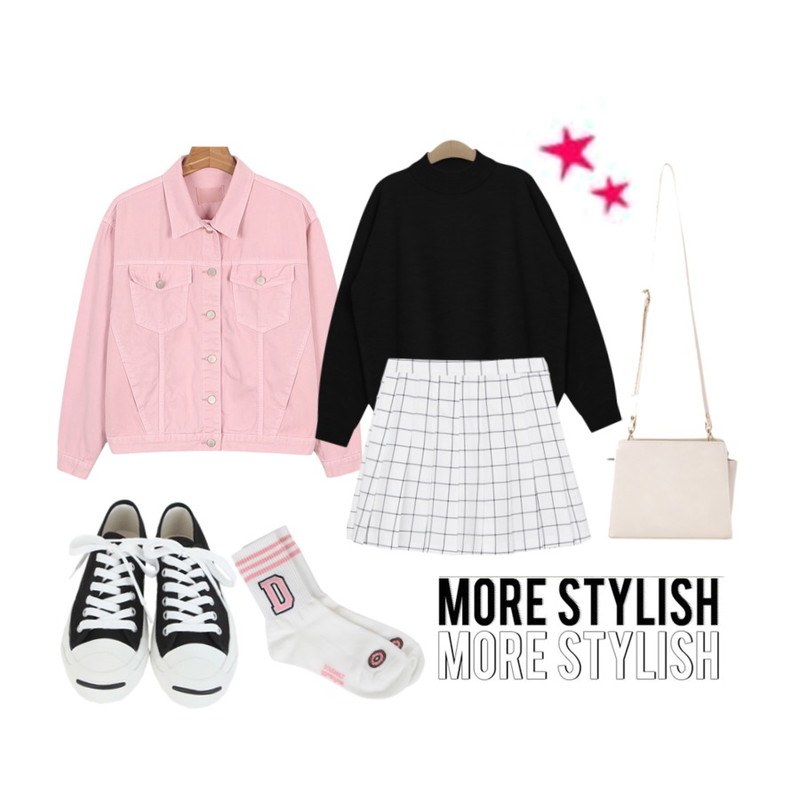 TODAY ME [knit]클로디 니트,BANHALA 스퀘어테니스 스커트,daily monday Pink cotton jacket등을 매치한 코디