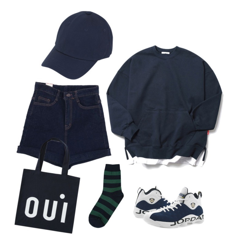 From Beginning Daily oui eco bag A(size : one),Dailyco [adle]레이어드맨투맨(남녀공용),DORA 스판하이데님P등을 매치한 코디