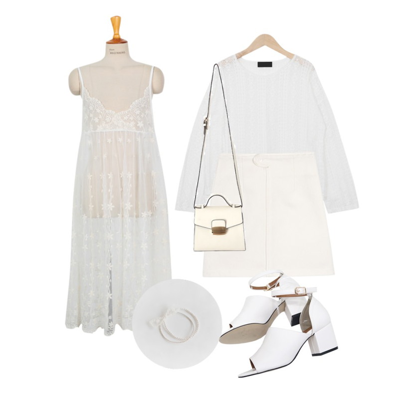 From Beginning Flower lace slip ops P (size : free),daily monday Line button point skirt,From Beginning Pintuck lace see-through blouse Y (size : free)등을 매치한 코디