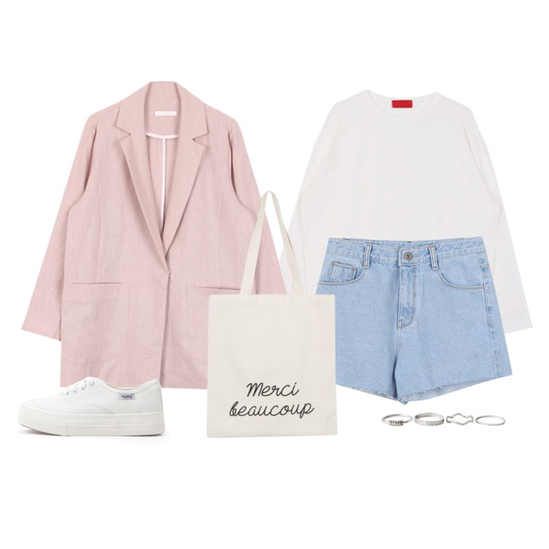 biznshoe Linen pocket jacket (4color),BANHALA [세트상품] 땡큐나그랑티셔츠+썸머팬츠,biznshoe Basic long sleeve tee (3color)등을 매치한 코디