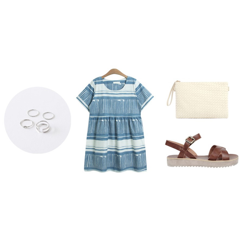 biznshoe Mesh detail clutch (5color),AIN girlish twist sandal (2 colors),TODAY ME [dress]그래픽 원피스등을 매치한 코디
