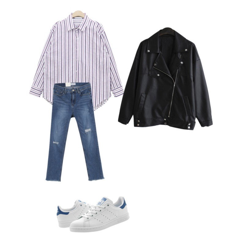 MINIBBONG 키워드-pt,NEW NEED NOW 스파클링 스트라이프 셔츠(2color),LINDA GIRLS 아크라이더 JK (1color)등을 매치한 코디