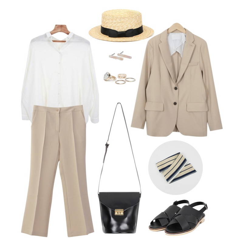 CCUMI SISTER Basic boots cut slacks,Zemma World 청순루즈핏 (nb),AIN basic black ribbon straw hat등을 매치한 코디