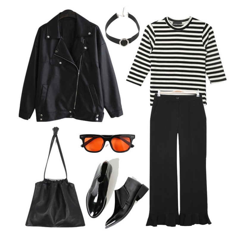 LINDA GIRLS 아크라이더 JK (1color),IM3 High-waist 프릴 pants,DORA 유니커크롭T등을 매치한 코디