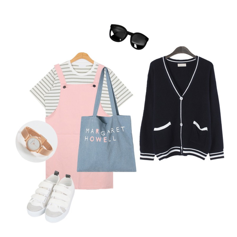 LINDA GIRLS 아트 브이넥 가디건 (2color),BANHALA 컴온 원피스,BULLANG GIRL 쫀득파인단T등을 매치한 코디