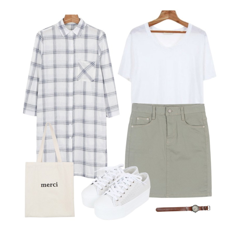 Zemma World 쇄골라운드 (basic t),BANHALA 색연필 스커트,daily monday Boxy long check shirts등을 매치한 코디