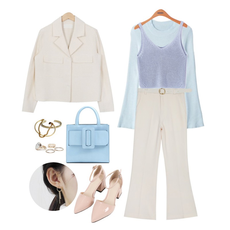 AIN belt set boots-cut slacks (2 colors),Reine 멜로리 니트 뷔스티에,DORA 하프골지니트등을 매치한 코디