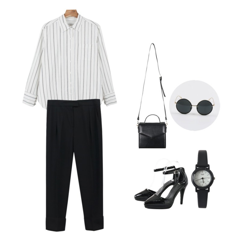 Reine 글리터 메리제인 힐,daily monday Dry stripe shirt 5/2 입고예정,AIN square box tote bag (3 colors)등을 매치한 코디