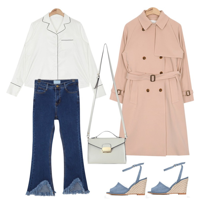 AIN v-neck line point shirts (3 colors),AIN reglan basic trench coat (3 colors),From Beginning Curve fringe bootscut denim pants_B (size : S,M)등을 매치한 코디