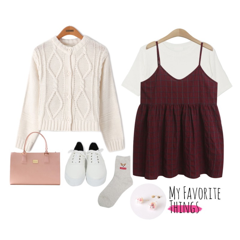 Reine 라이브 니트 가디건,TODAY ME [dress]피너 체크 원피스,DORA 네온크롭T등을 매치한 코디