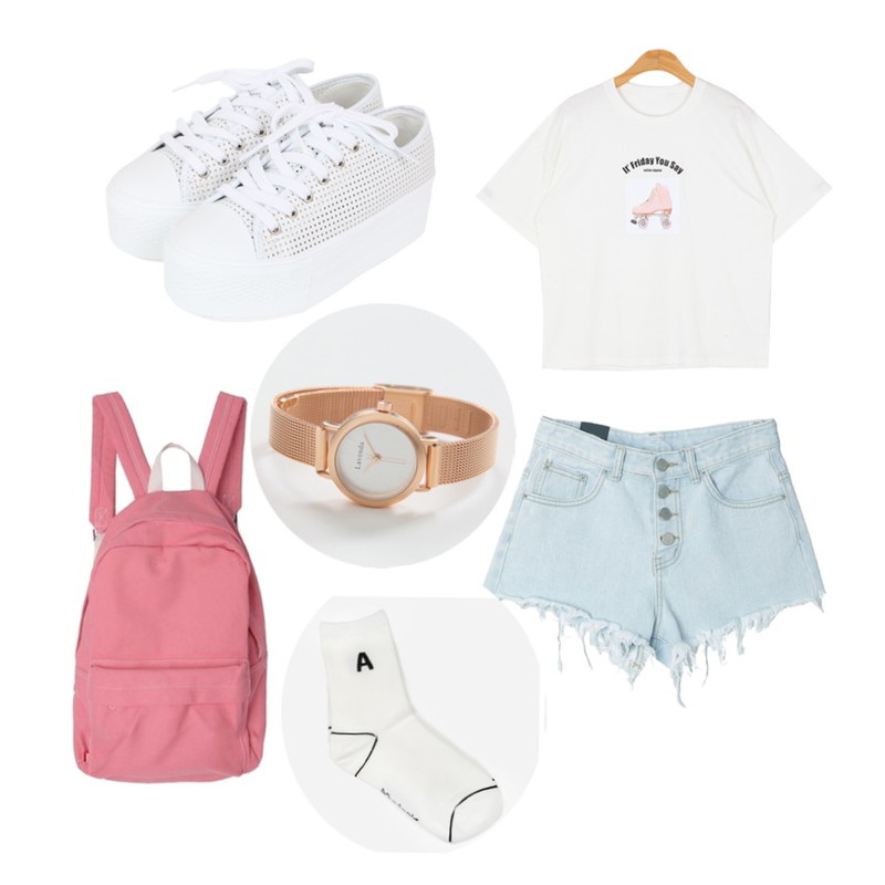BULLANG GIRL 꼼데로우 운동화,DORA 더블헤짐숏P,DORA 세일진행 DORA+U 데일리캔디백팩등을 매치한 코디