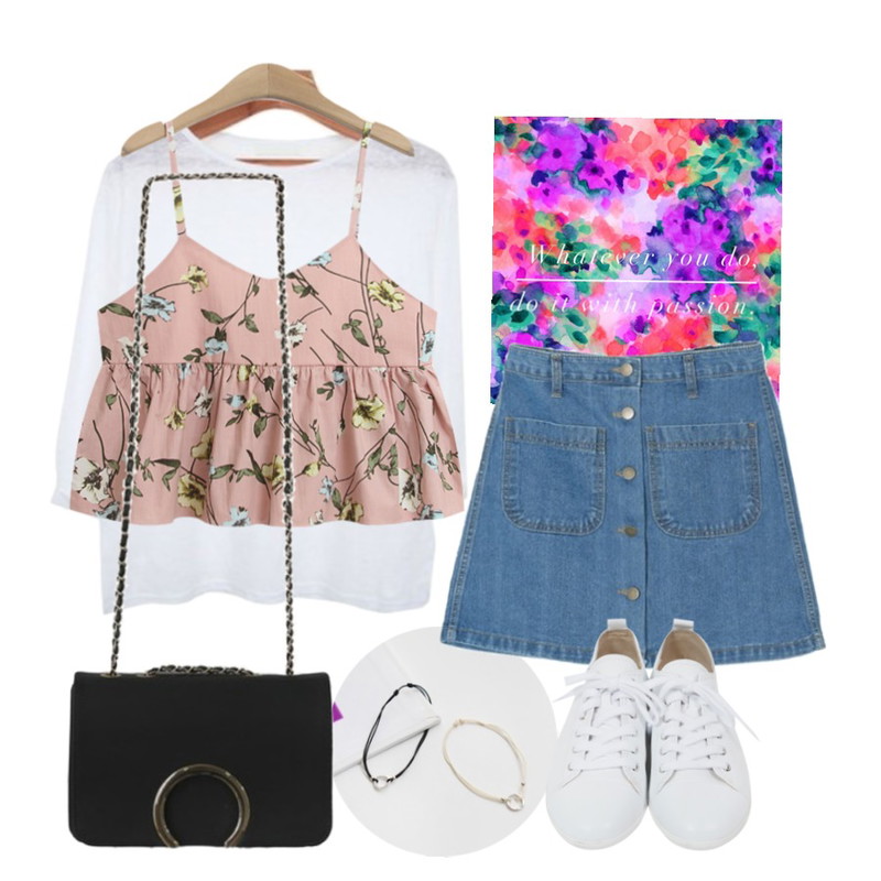 flower back,DORA 버튼업포켓SK,daily monday Metal circle pendant anklet등을 매치한 코디