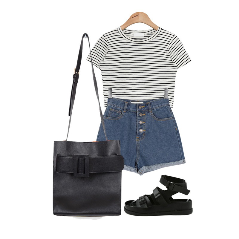AIN stripe mini crop 1/2 T (2 colors),daily monday Black buckle strap sandal,BULLANG GIRL 포버롤업P등을 매치한 코디