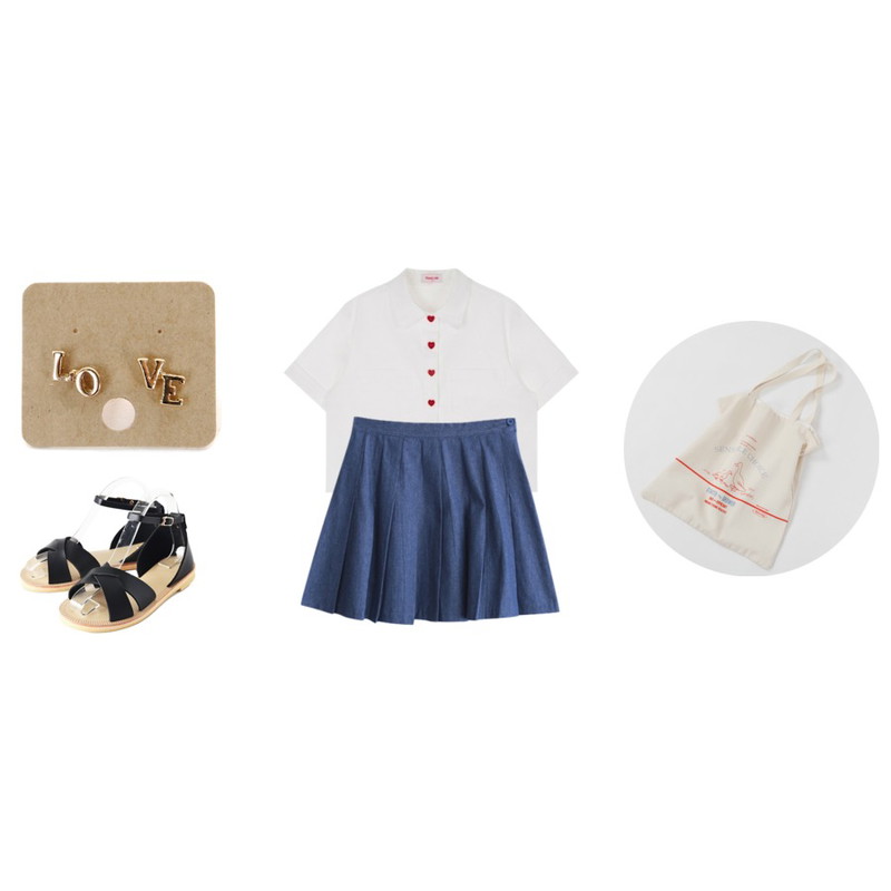 LINDA GIRLS 데님 테니스 SK (2color),Reine 리브 스트랩 메리제인 샌들,MIXXMIX Heart club 16SSHeart Button Crop Shirt(White)등을 매치한 코디