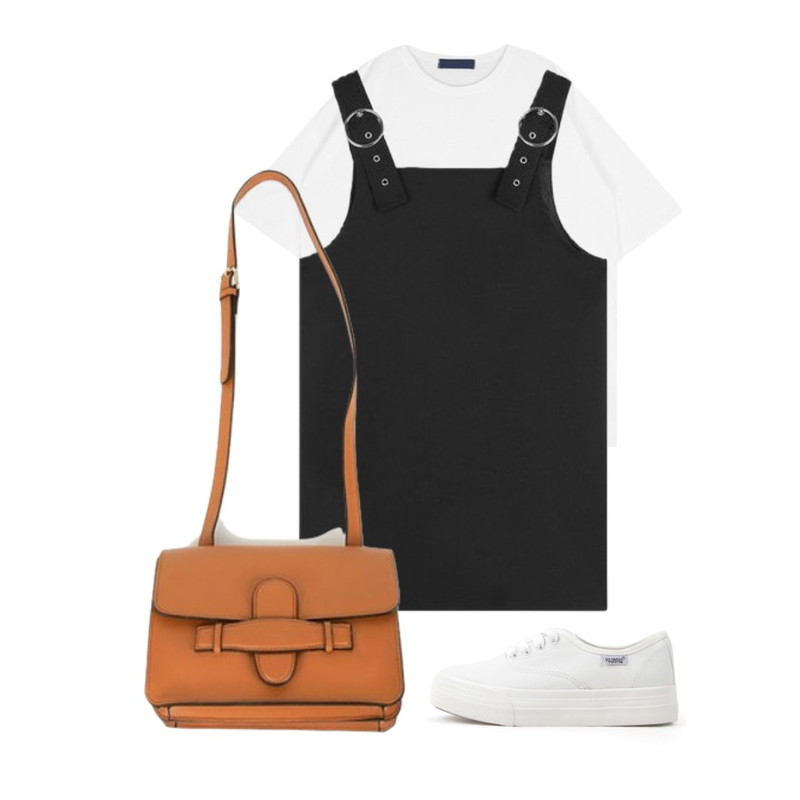 biznshoe Basic cotton sneakers (4color),MIXXMIX ONLY MIX Overall ring dress,MIXXMIX 위니 데일리 티셔츠등을 매치한 코디