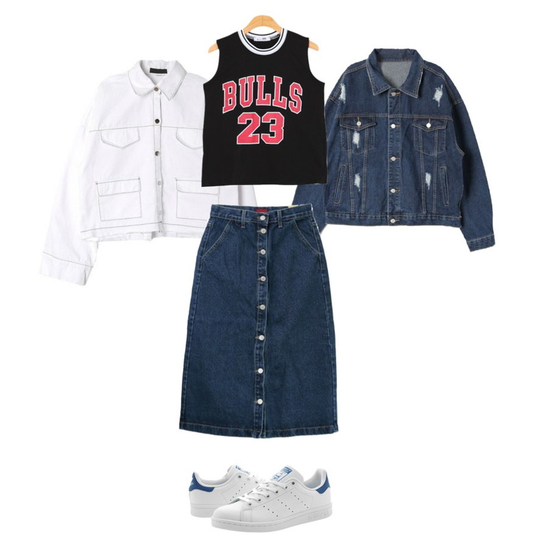 DORA 데미지청JK,DORA 데끼크롭야상JK,BULLANG GIRL 불스나시SET13000원등을 매치한 코디
