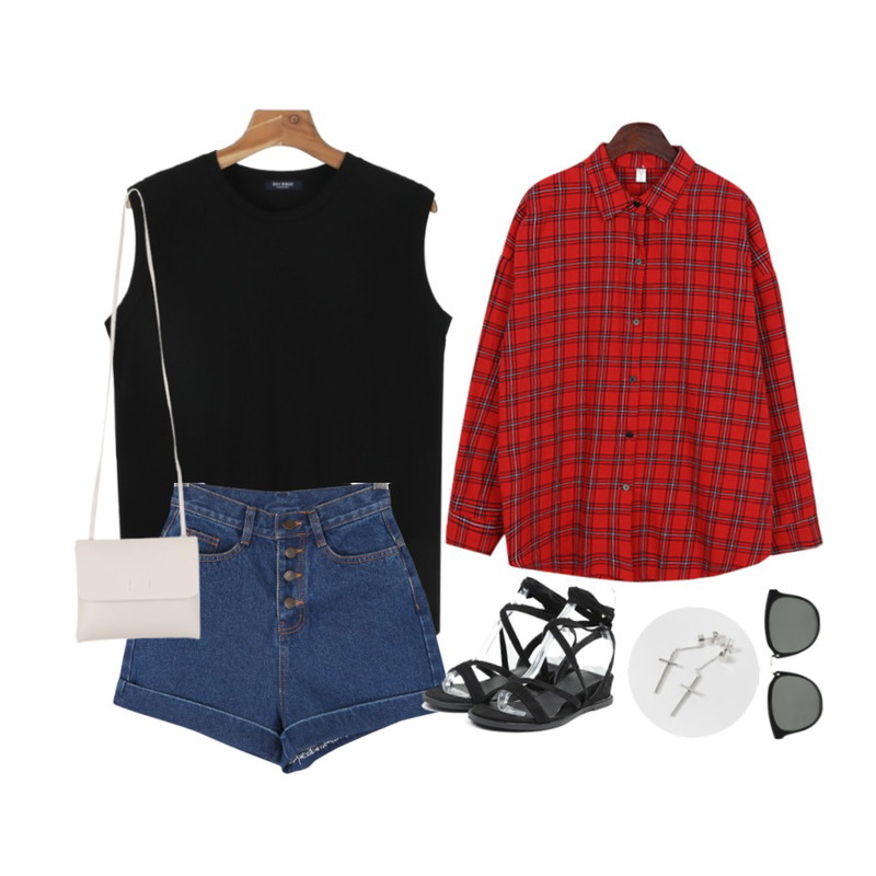 BANHALA 더모션 남방,From Beginning Cross pendant earring_A(size : one),daily monday Daily basic sleeveless등을 매치한 코디