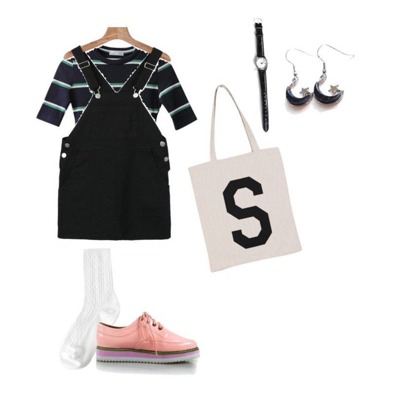 Reine 베이직 컬러 트위스트 삭스,daily monday Cotton mini one-piece,CCUMI SISTER Stripe round tee등을 매치한 코디