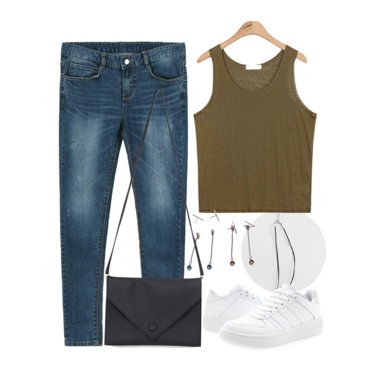 daily monday Gemstone tassel anklet,daily monday Washing slim-line denim skinny,AIN various color linen sleeveless (6 colors)등을 매치한 코디
