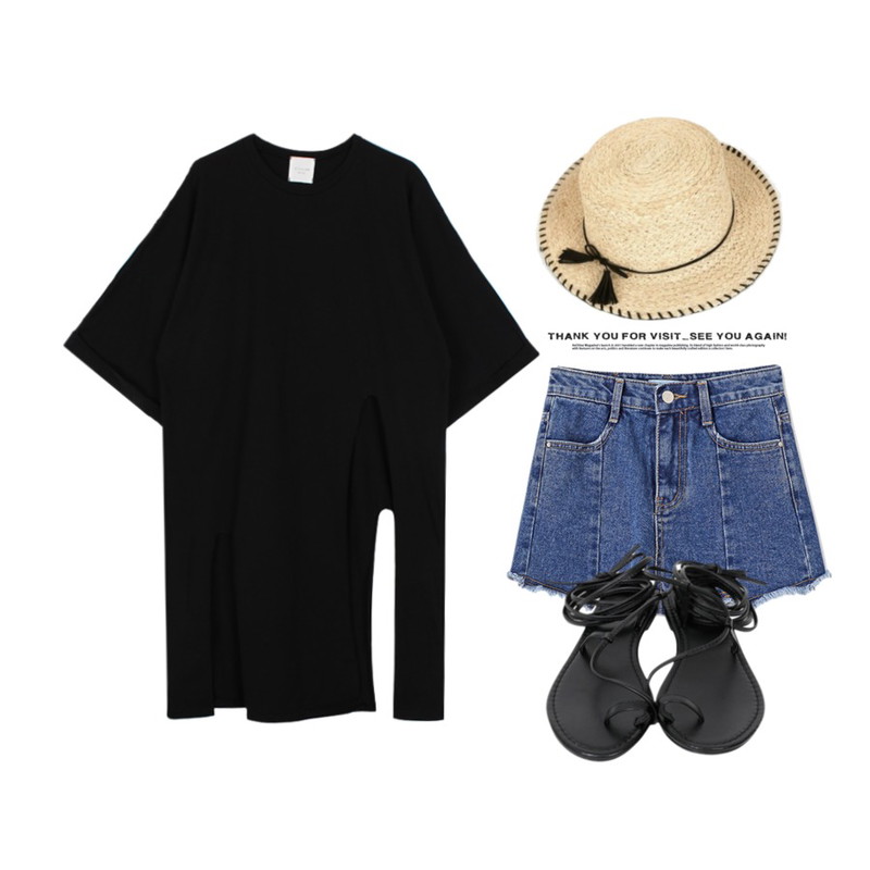 From Beginning Wrap string plat sandle_Y (size : 230,235,240,245,250),Reine 스턱 유니크 데님 숏 팬츠,biznshoe Boxy slit long tee (2color)등을 매치한 코디