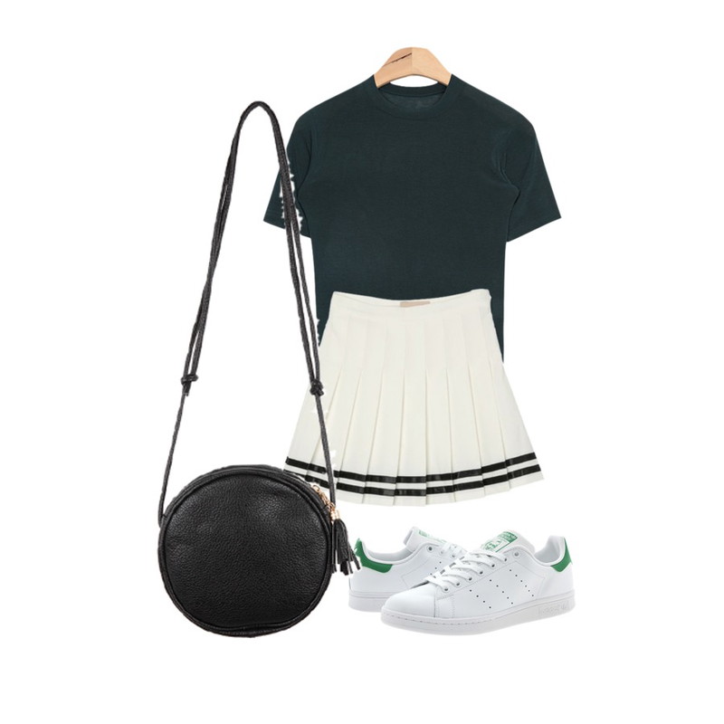 DORA 밑줄테니스SK,Player 아디다스 스탠 스미스 흰녹 (STAN SMITH WHT/FRW),AIN basic slim semi crop T (5 colors)등을 매치한 코디