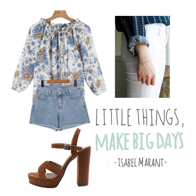 daily monday Suede cross heel,From Beginning Day wash denim shorts_B (size : S,M,L),daily monday Flower off shoulder blouse등을 매치한 코디