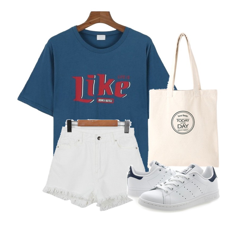 Reine 투데이 이즈더 에코백,From Beginning Fringe cotton shorts_Y (size : S,M,L),daily monday Like printing tee등을 매치한 코디
