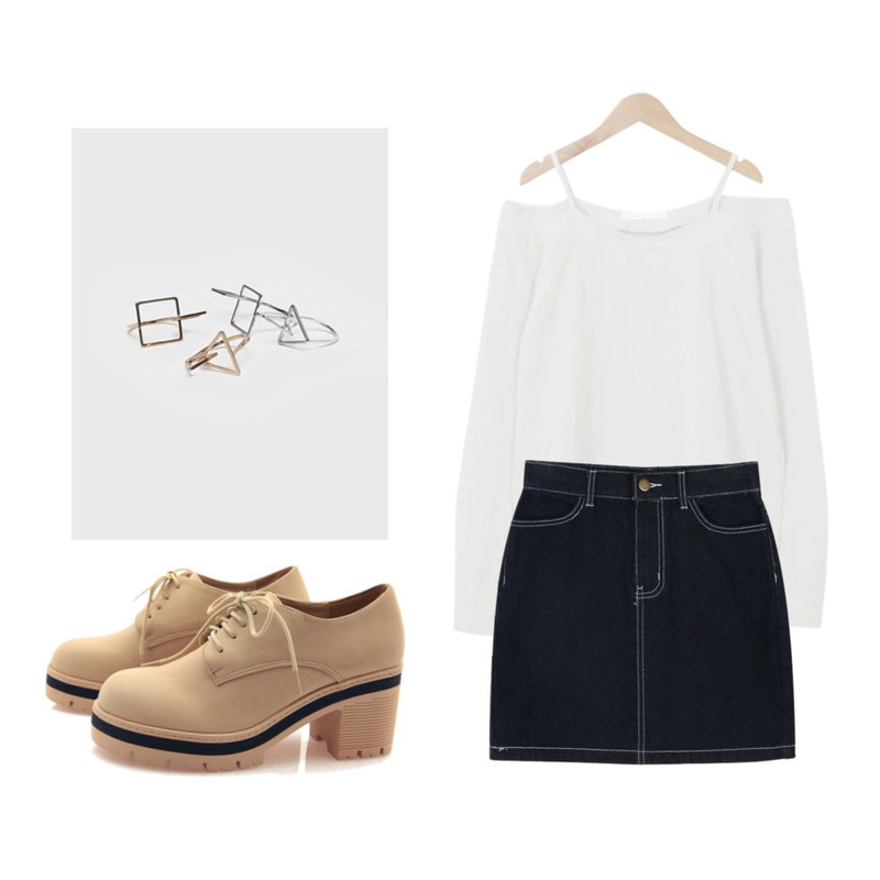 From Beginning Bet off shoulder blouse_B (size : free)[소프트핑크 27일 입고예정],daily monday Easy denim skirt,BULLANG GIRL 라이징슈즈등을 매치한 코디