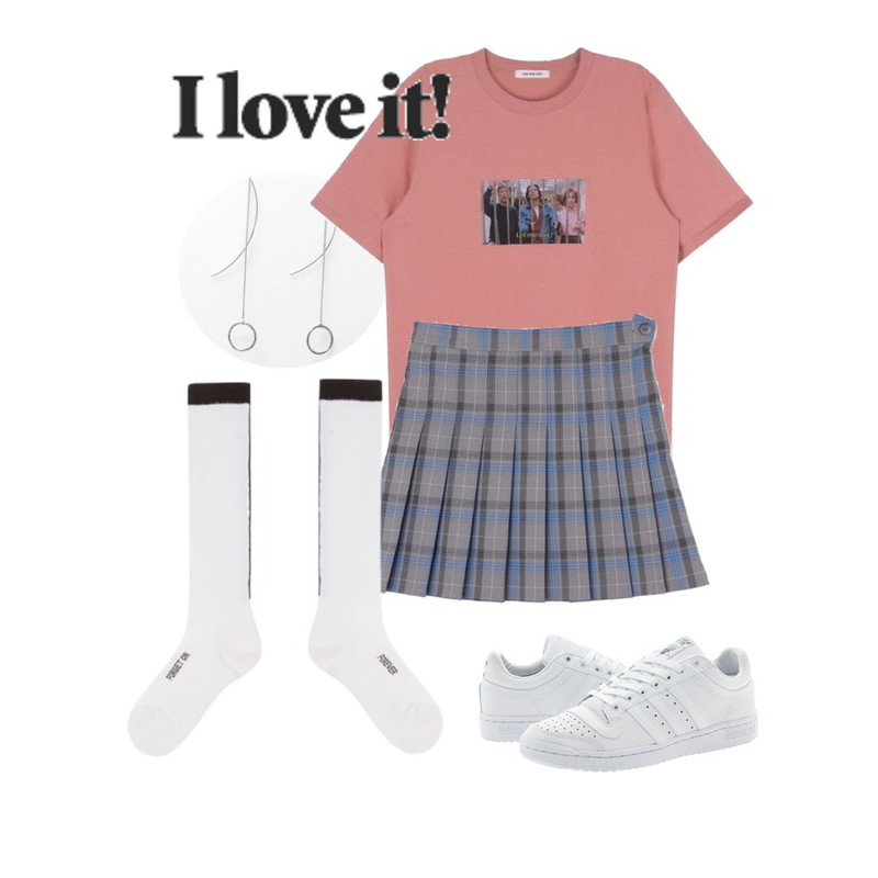 MIXXMIX 씨앤립체인 링 귀걸이,MIXXMIX HIDE AND SEEK 16 SS BEnding Credit out Top(Pink),DORA 클래식체크SK등을 매치한 코디