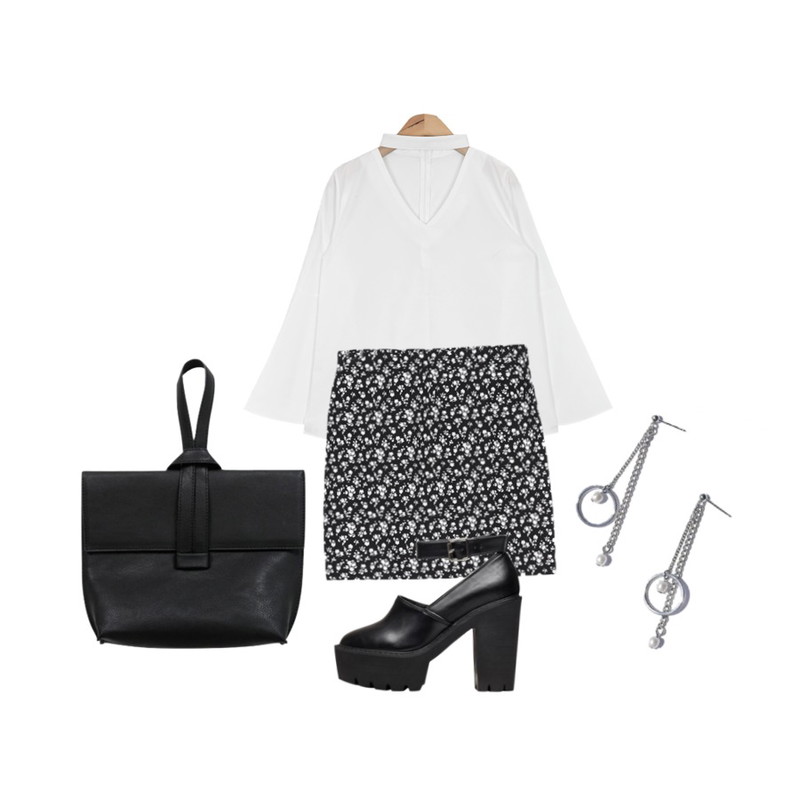 biznshoe Platform strap heel,BANHALA 연애모드 스커트,AIN choker V-neck wide sleeve blouse (4 colors)등을 매치한 코디