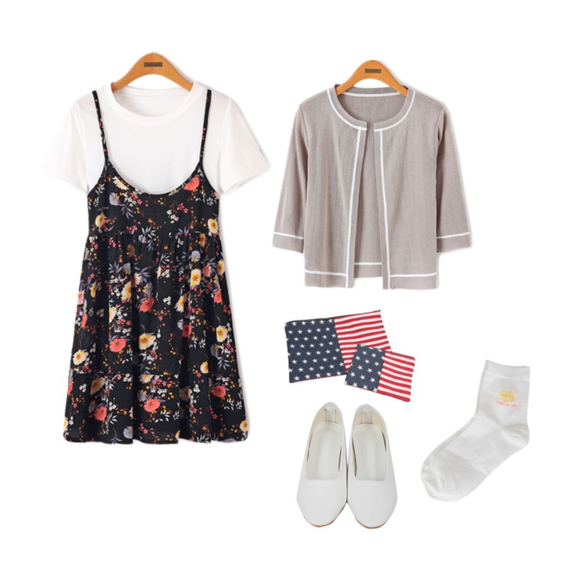 DORA 성조기클러치,Reine [3차 재입고] 워더컬러 플라워 원피스 세트,Reine 스피리트 가디건 세트등을 매치한 코디