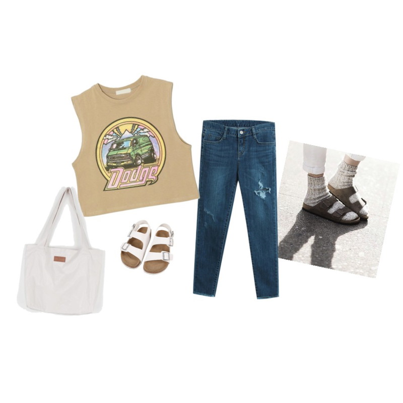 -,TODAY ME [denim]덩크 데님 스키니진,DORA 버스킹나시T등을 매치한 코디